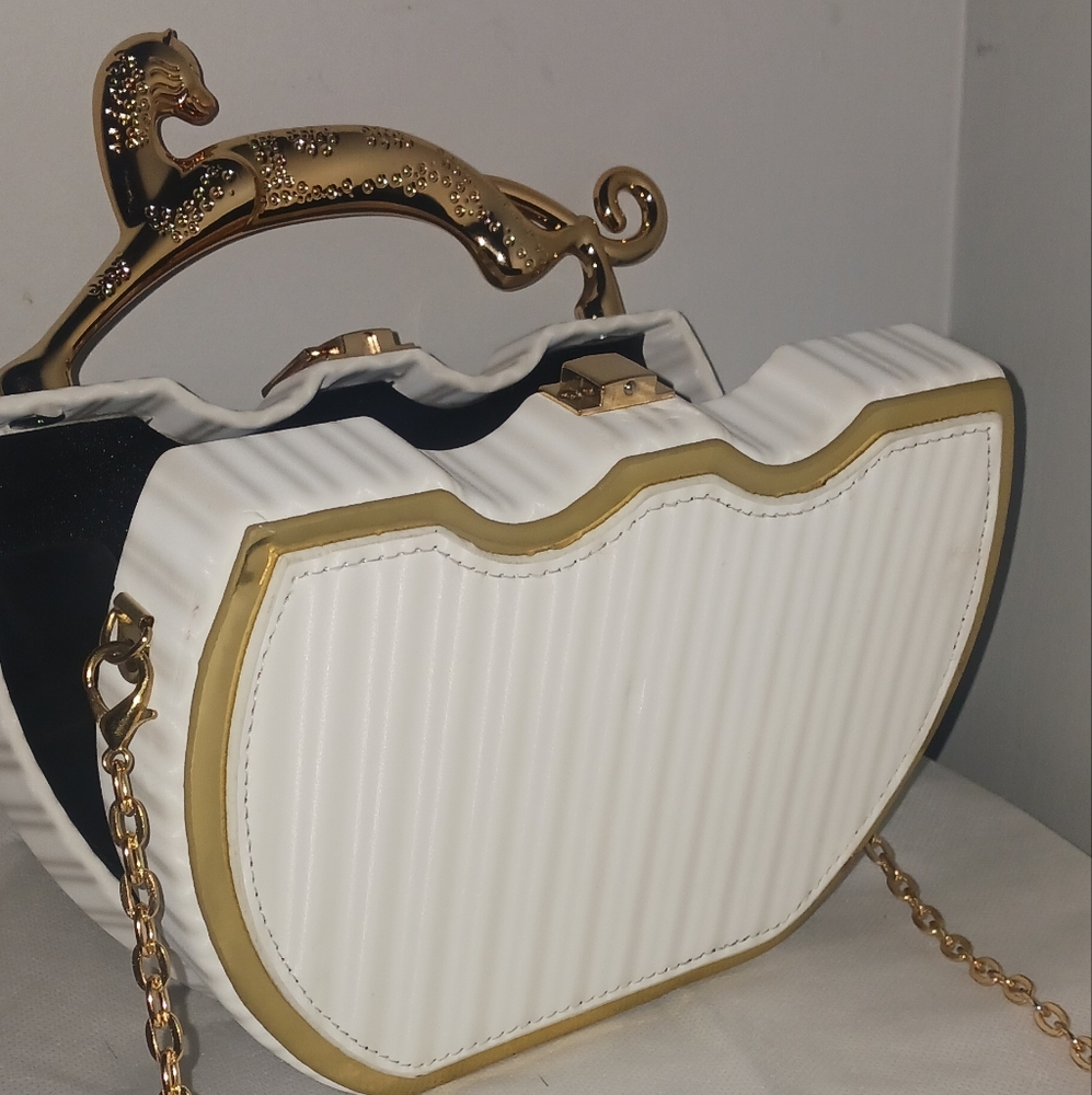White and Gold Quilted Clutch with Chain Strap